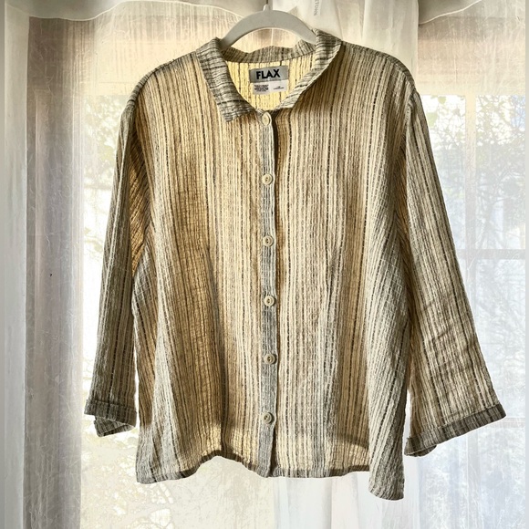 Flax Women's Button Down Shirt - Beige Striped - Picture 2 of 5